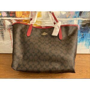 COACH Signature BROWN 1941 RED Canvas Leather CITY TOTE SHOULDER BAG 5696 NWT